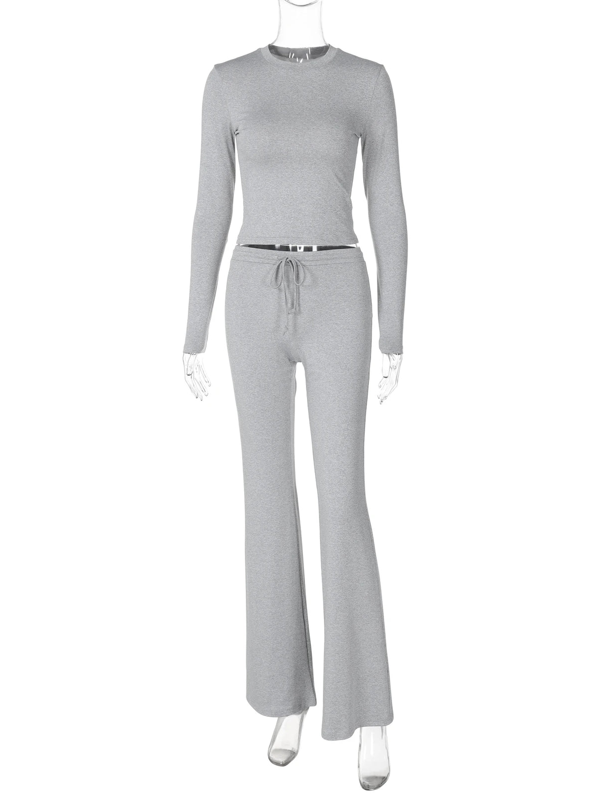 Women Casual 2 Pcs Sets Solid Long Sleeve Slim Crop T-Shirt Bandage Flare Pants Fall Y2K Outfits Streetwear Work Out