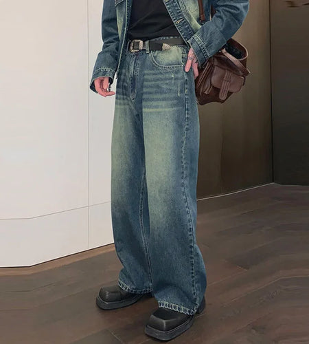 Men's Jeans New Korean Style Solid Color Straight Leg Denim Pants Loose High Street Summer Male Trousers Trendy 9W1420