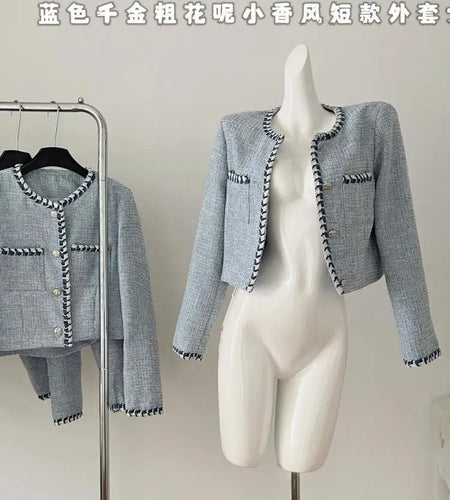 Autumn Winter New Women's Blue Patchwork Woolen Round Neck Long Sleeve Jacket French Temperament Single Breasted Short Tops Coat