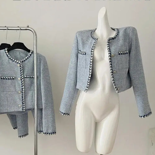 Load image into Gallery viewer, Autumn Winter New Women's Blue Patchwork Woolen Round Neck Long Sleeve Jacket French Temperament Single Breasted Short Tops Coat
