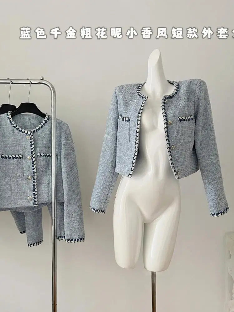 Autumn Winter New Women's Blue Patchwork Woolen Round Neck Long Sleeve Jacket French Temperament Single Breasted Short Tops Coat