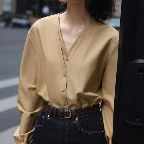 Load image into Gallery viewer, Minimalist Shirts For Women V Neck Logn Sleeve Patchwork Button Casual Loose Solid Blouse Female Fashion Clothes
