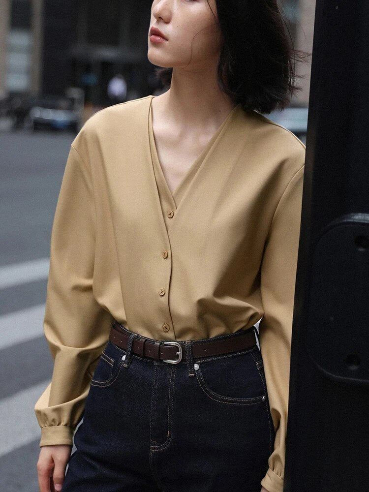 Minimalist Shirts For Women V Neck Logn Sleeve Patchwork Button Casual Loose Solid Blouse Female Fashion Clothes