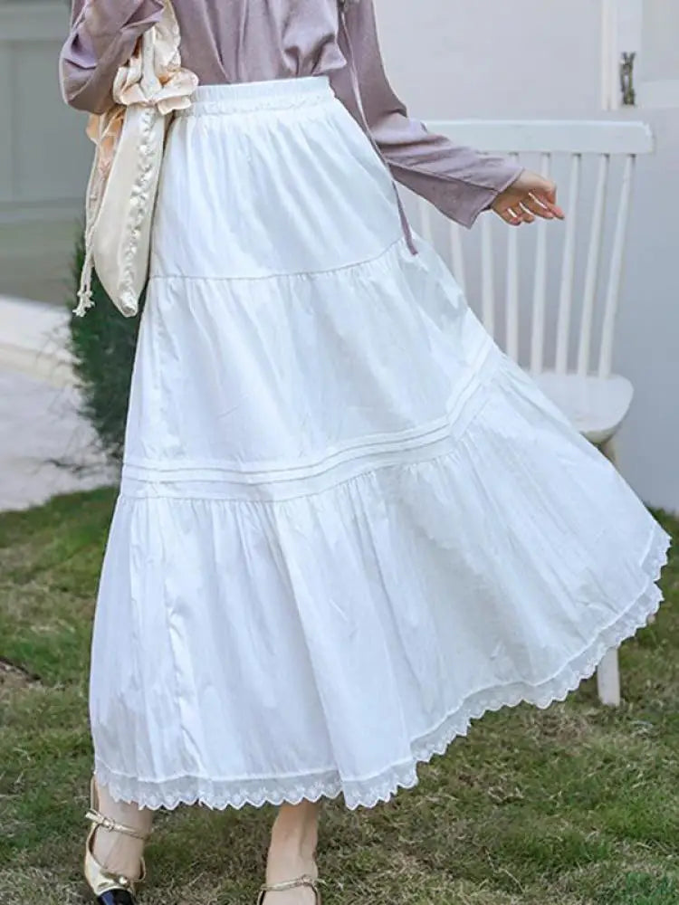 Spring Summer Black White Patchwork Lace High Waist Pleated Skirt Women French Vintage Beige Elegant Vacation Party Long Skirts