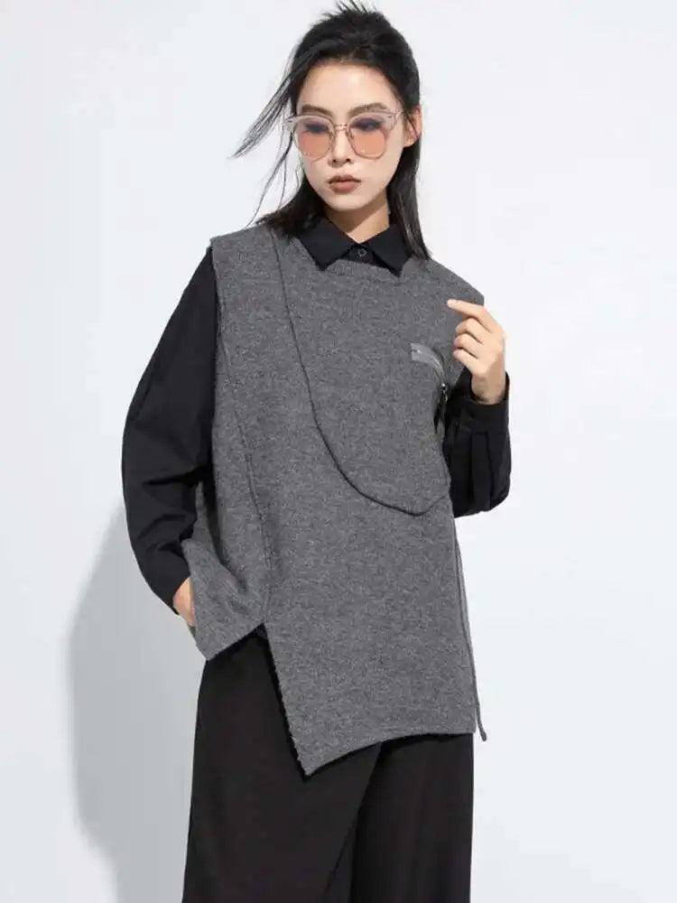 Gray Irregular Slit Big Size Knitting Sweater Round Neck Sleeveless Women Pullovers New Fashion Spring Autumn 2025 1DH7484