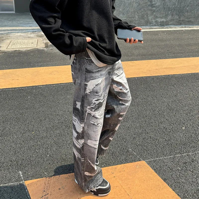 Hand Drawn Printing Jeans Loose High Strret  Male Trousers Zipper Summer Fashion Straight Denim Pants 9C5225