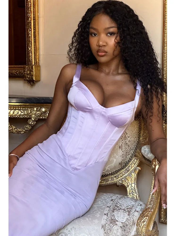 Sexy V-neck Fishbone Suspender Women Evening Dress Elegant Sleeveless Dress Slim Fit Backless Slit Female Vestido 2025