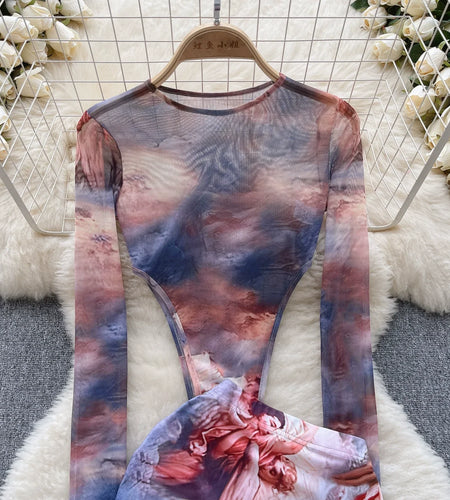 Fashion Hotsweet Two Pieces Suits O Neck Long Sleeved Transparent BodySuit Top+ Skinny Mini Skirt Tie Dye Print Sets