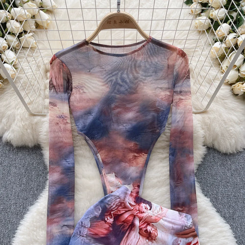 Load image into Gallery viewer, Fashion Hotsweet Two Pieces Suits O Neck Long Sleeved Transparent BodySuit Top+ Skinny Mini Skirt Tie Dye Print Sets

