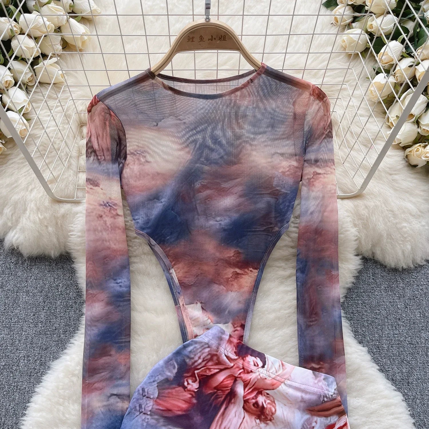 Fashion Hotsweet Two Pieces Suits O Neck Long Sleeved Transparent BodySuit Top+ Skinny Mini Skirt Tie Dye Print Sets