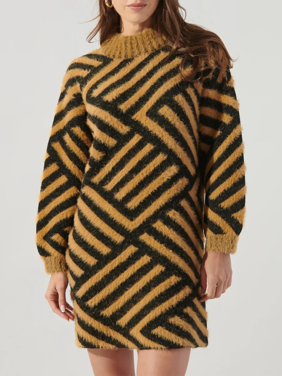 Hit Color Spliced Striped Fashion Sweaters for Women Round Neck Long Sleeves Casual Long Sweater Female Clothing New