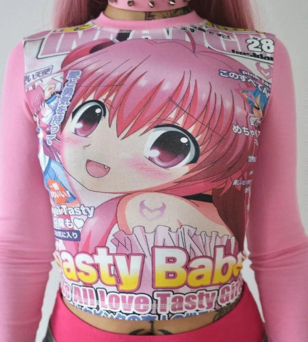 Harajuku Rose Red Grunge Crop Top Japanese Cartoon Printing Goth Women T Shirt  Y2k Aesthetic Casual Bottoming Streetwear Tees