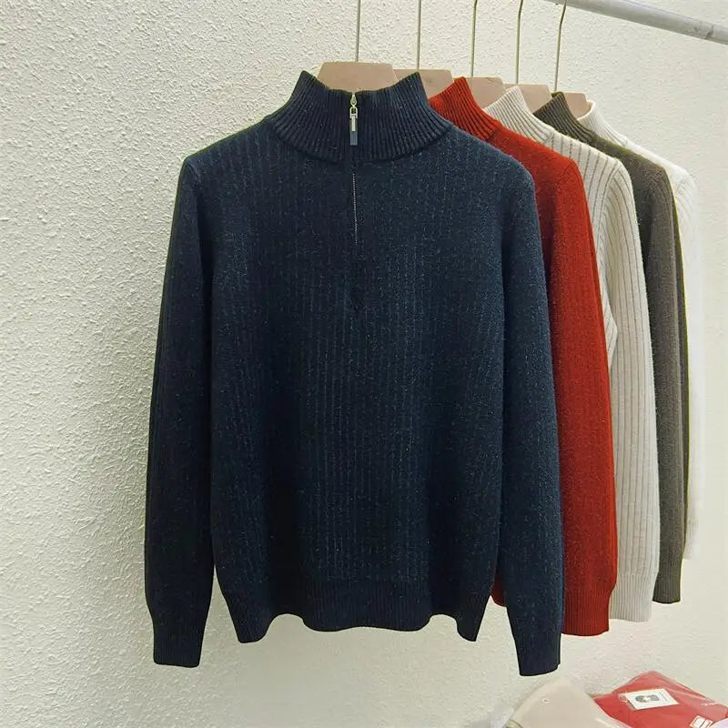 Simplicity 2024 Autumn Winter Solid Velvet Elegant Festival Sweater Korean Fashion Women Long Sleeve Half Zipper Knit Tops Thick