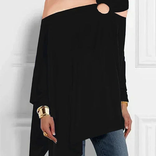 Load image into Gallery viewer, Solid Color Hollowed Asymmetric T-shirt for Women One-Shoulder Long Sleeve Loose Fit Shirt Top Female Blouse
