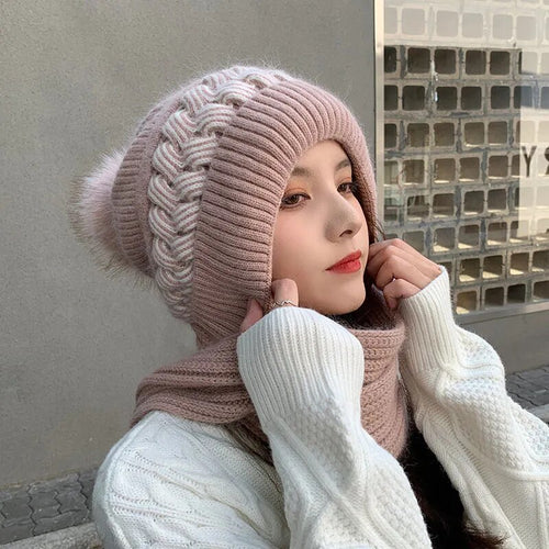 Load image into Gallery viewer, Women Winter Warm Beanies Hat Scarf set Breathable Rabbit Hair Blend Knitted Hat Scarf for Women warm lining Caps
