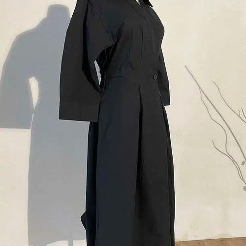 Load image into Gallery viewer, Women Beige Pleated Long Big Size Elegant Dress New Lapel Long Sleeve Loose Fit Fashion Tide Spring Autumn 2025 1DE91400
