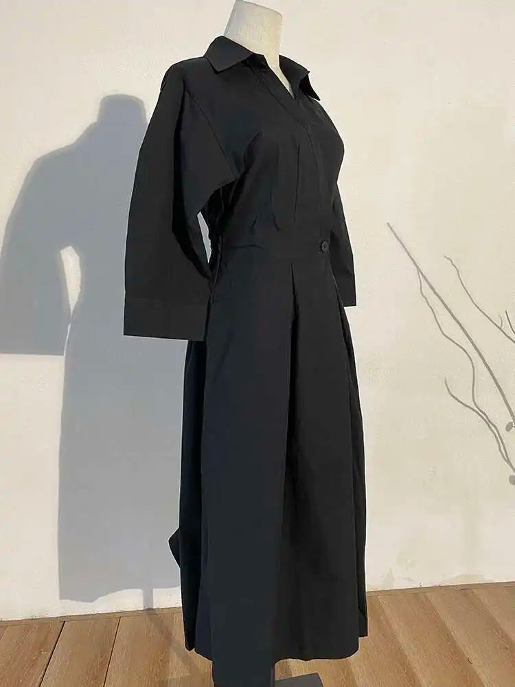 Women Beige Pleated Long Big Size Elegant Dress New Lapel Long Sleeve Loose Fit Fashion Tide Spring Autumn 2025 1DE91400