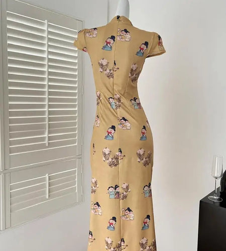 Summer Chinese Style Vintage Fashion Yellow Print Party Long Dress Women Elegant Short Sleeve Dress 2025 New Street Popular Robe