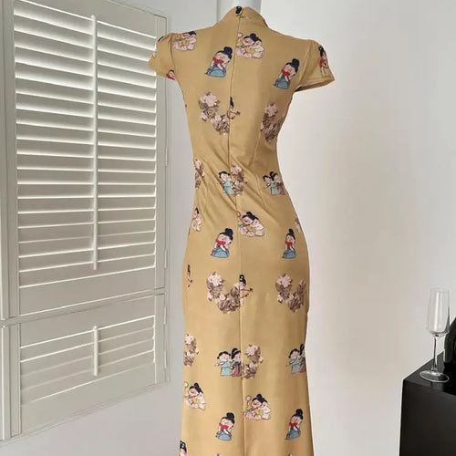 Load image into Gallery viewer, Summer Chinese Style Vintage Fashion Yellow Print Party Long Dress Women Elegant Short Sleeve Dress 2025 New Street Popular Robe
