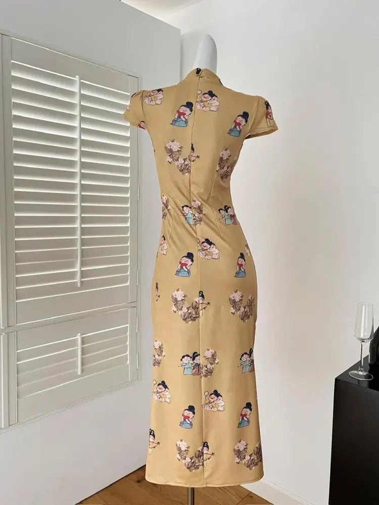 Summer Chinese Style Vintage Fashion Yellow Print Party Long Dress Women Elegant Short Sleeve Dress 2025 New Street Popular Robe