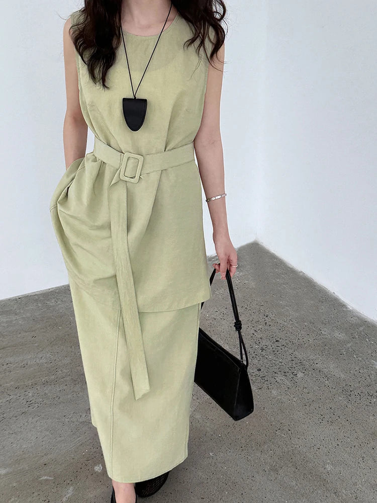 Green Belted Tank Top Half-body Skirt Two Pieces Suit New Round Neck Sleeveless Women Fashion Spring Autumn 2025 1DJ1111