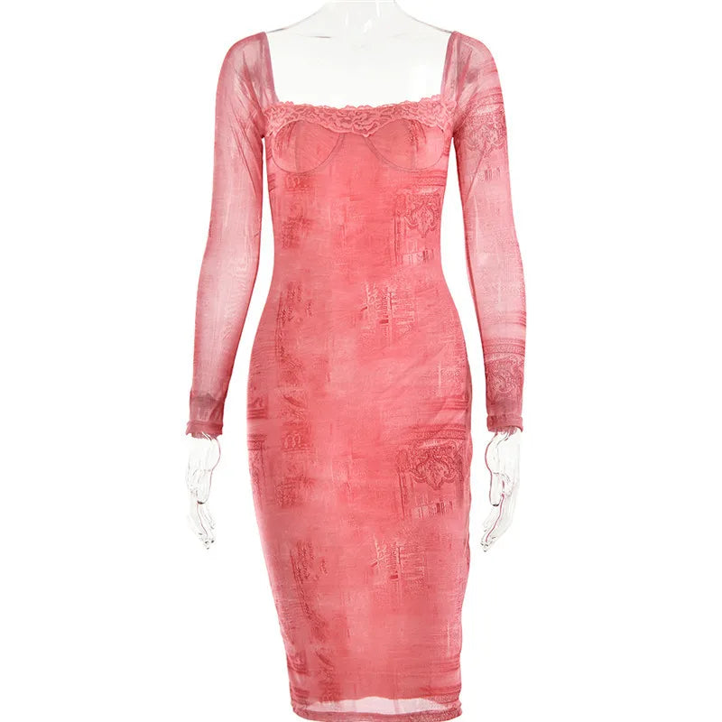 Square Collar Long Sleeve Print Sexy Midi Dress Women Autumn Winter New Bodycon Long Dresses Elegant Club Party Dress