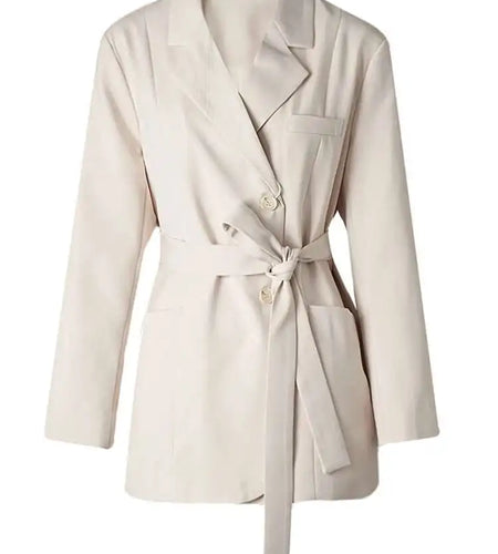 Women Beige Belted Pocket Big Size Elegant Blazer New Lapel Long Sleeve Jacket Fashion Tide Spring Autumn 2025 CPG2777