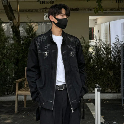 Load image into Gallery viewer, Printing Men&#39;s Denim Jackets Stand Collar Zipper Pactchwork Contrast Color Washed Autumn Trendy Male Coat Streetwear 9C9064

