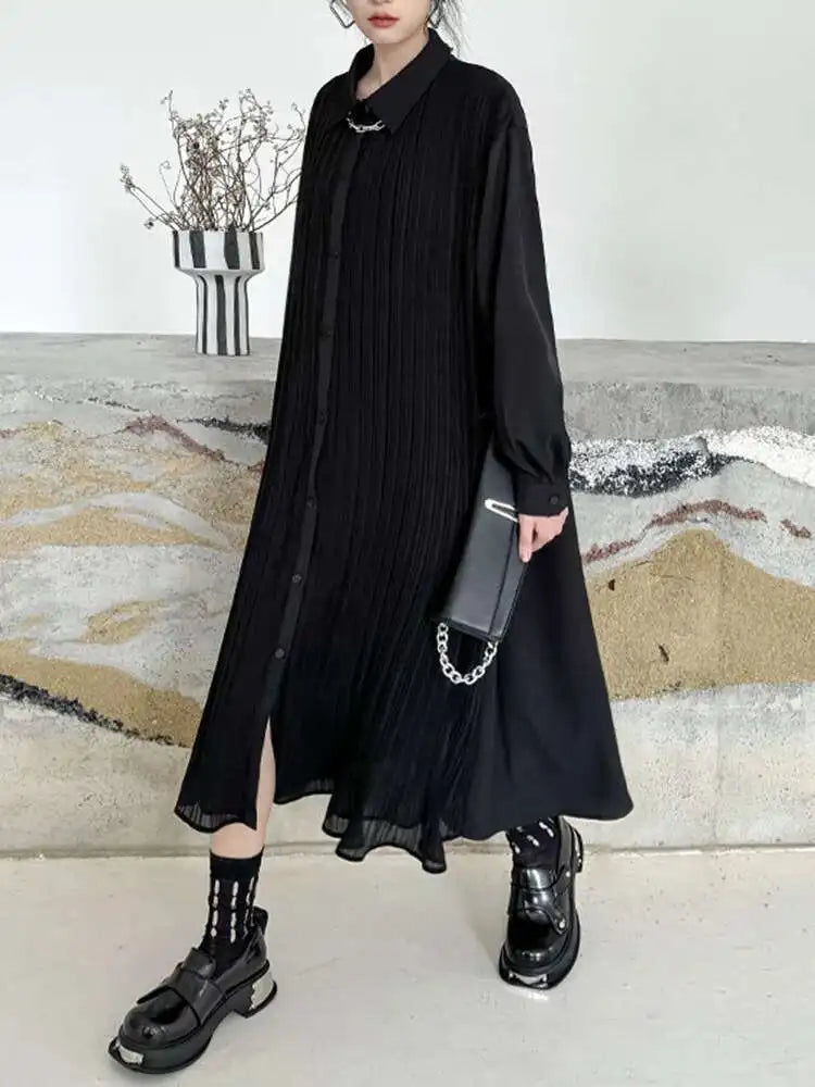 Women Black Brief Pleated Elegant Big Size Midi Shirt Dress New Lapel Long Sleeve Fashion Tide Spring Autumn 2025 1DJ0072
