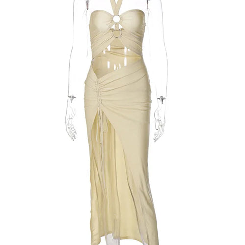 Load image into Gallery viewer, Women Solid Color Spliced Bodycon Hollow Out Collar Style Fashion Split Dress Slim Fit Party Club Evening Dress 2024
