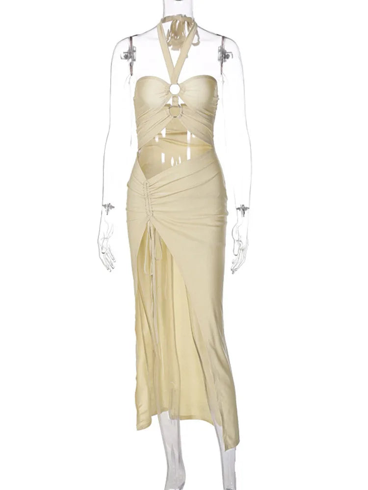 Women Solid Color Spliced Bodycon Hollow Out Collar Style Fashion Split Dress Slim Fit Party Club Evening Dress 2024