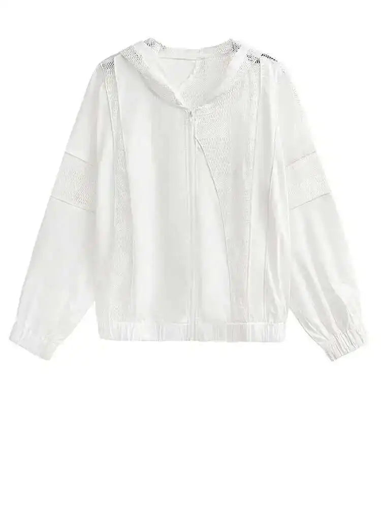 White Mesh Perspective Big Size Thin Jacket New Hooded Long Sleeve Women Coat Fashion Tide Spring Autumn 2025 1DH6562
