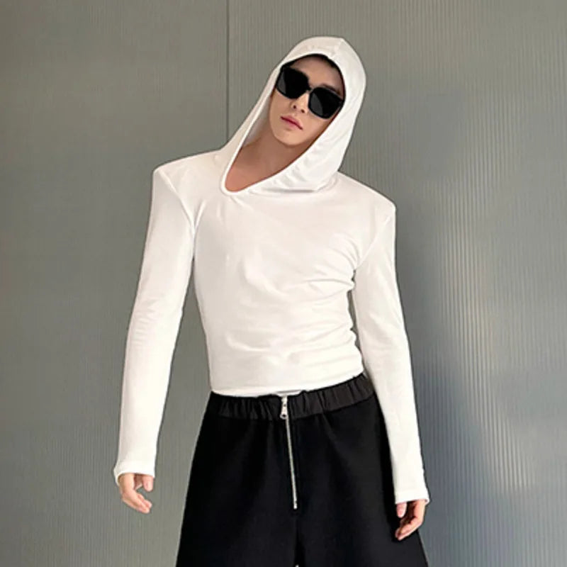 Spring Menwear Male T-shirt Niche Design Hooded Long Sleeve Top Tight Irregular Slanted Neckline Shoulder Pads 9C5064