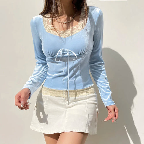 Load image into Gallery viewer, Korean Sweet Blue Velour Autumn T shirt Female Bow Lace Patched Slim Fashion Pullover Coquette Clothes Lolita Top New
