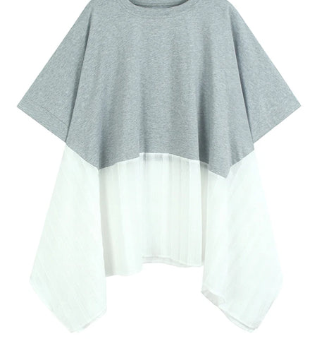 Women Gray White Color-block Irregular Big Size T-shirt New Round Neck Short Sleeve Fashion Spring Summer 2025 1DJ1583
