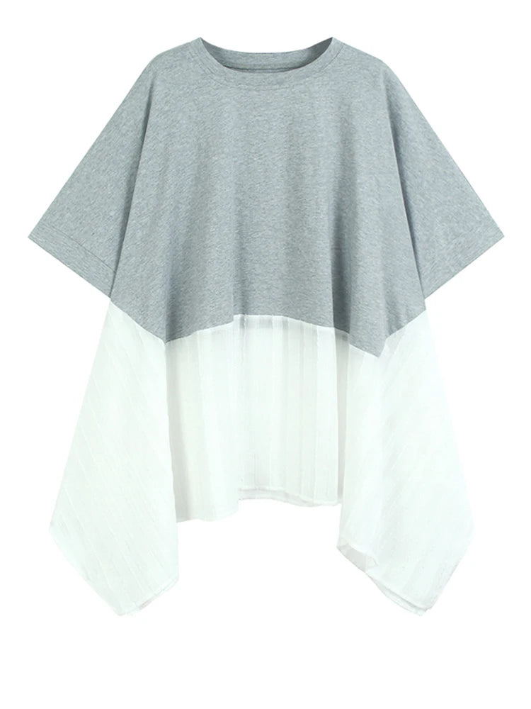 Women Gray White Color-block Irregular Big Size T-shirt New Round Neck Short Sleeve Fashion Spring Summer 2025 1DJ1583