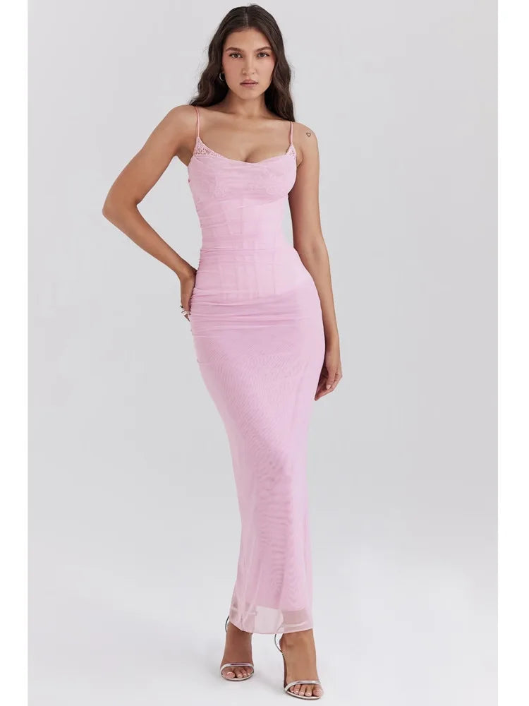 Elegant Spaghetti Strap Mesh Patchwork Double Layered Dress Women Bodycon Sexy  Zipper Party Club Evening Dress Holiday