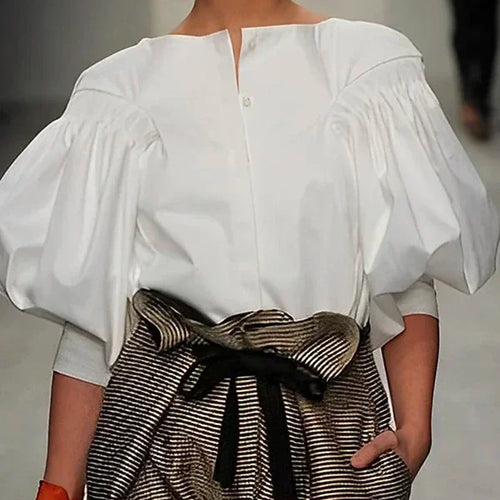 Load image into Gallery viewer, Summer Fashion Black White Puff Sleeves Blouses Shirts 2025 New Sample Daily Womens Elegant Casual Shirts Tops
