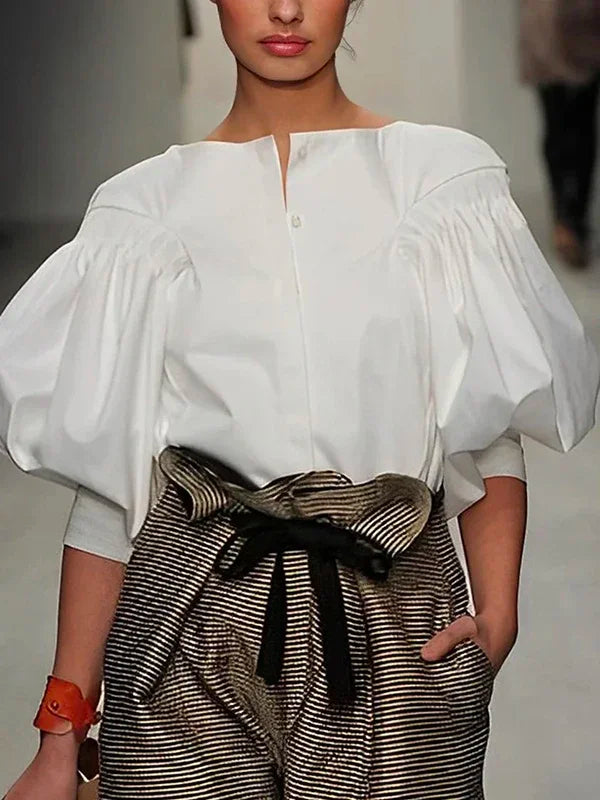 Summer Fashion Black White Puff Sleeves Blouses Shirts 2025 New Sample Daily Womens Elegant Casual Shirts Tops