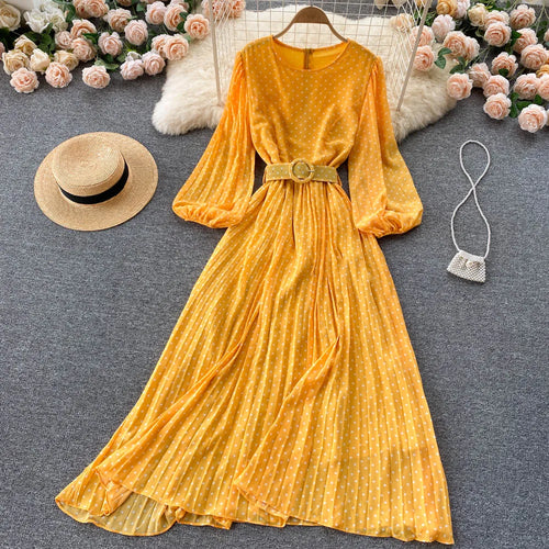 Load image into Gallery viewer, Vintage Pleated Dress for Women Polka Pot Puff Long Sleeve O Neck Elegant A Line Dresses 2023 High Waisted Casual Dress
