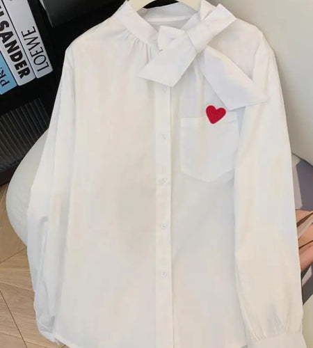 White Heart Embroidered Bow Shirt Women Single Breasted Cardigan Blouse Vintage Business Work Elegant Loose Tops 2024 Autumn