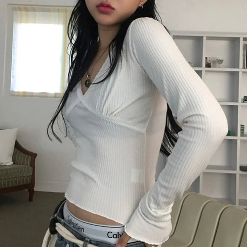 Load image into Gallery viewer, V Neck Y2K Aesthetic Knit Women T-shirts Crop Tops Slim Basic Retro Korean Autumn Tee Coquette Clothing Lace Trim
