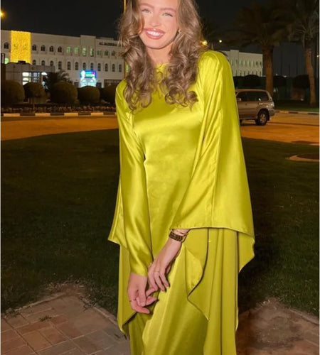 Fashion Satin Long Sleeved Large Opening Long Dress Women Slim Round Neck Robe Dress Female Elegant Party Evening Dress