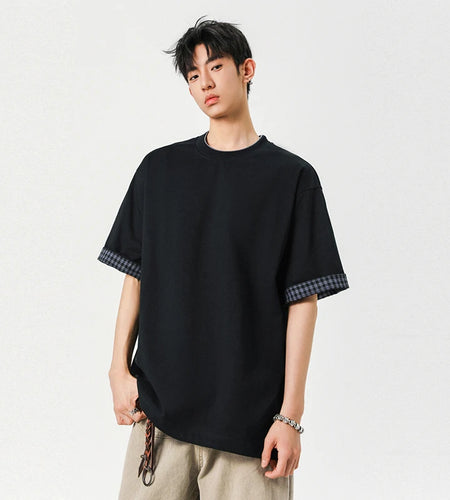 Men's T-shirts New Fashion Solid Color Plaid Flip Design Short Sleeve Round Neck Pullover Male Casual Clothing 9W1940