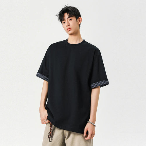 Load image into Gallery viewer, Men&#39;s T-shirts New Fashion Solid Color Plaid Flip Design Short Sleeve Round Neck Pullover Male Casual Clothing 9W1940
