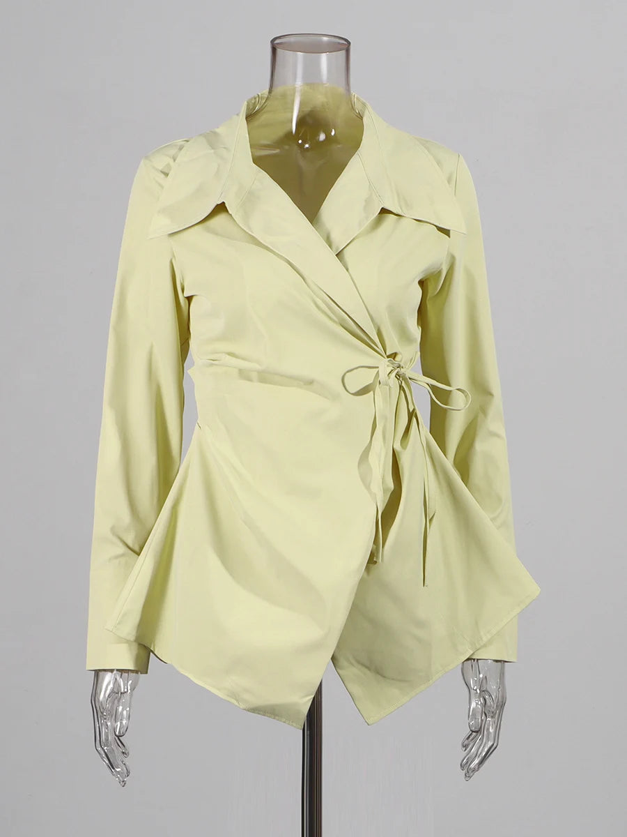 Slimming Spliced Lace Up Fashion Blouses for Women Lapel Long Sleeves Patchwork Buttons Blouse Female Clothing New