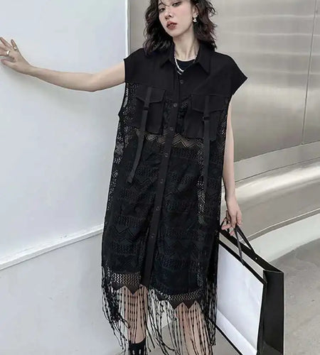 Women Army Green Lace Perspective Tassels Midi Shirt Dress New Lapel Sleeveless Fashion Tide Spring Summer 2025 1DH4540