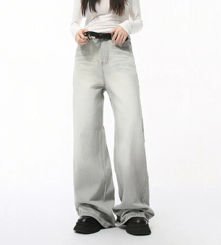 Loose Casual Men's Denim Pants New Cat Beard Washed Grinding White Light Grey Straight Wide Leg Jeans Four Seasons 9C4276