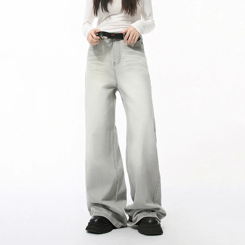 Loose Casual Men's Denim Pants New Cat Beard Washed Grinding White Light Grey Straight Wide Leg Jeans Four Seasons 9C4276