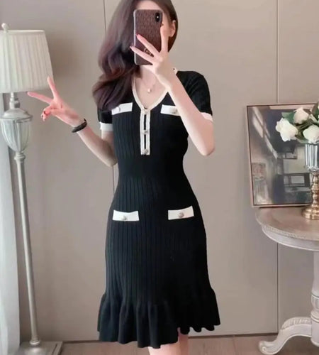 Summer Korean Patchwork V-neck Slim Ruffled Edge Pleated Short Sleeve Midi Dress Women Retro Holiday Wrap Hip Knitted Dress Chic